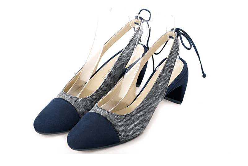 Women's navy blue and dark grey elegant slingback heels. Round toe. Medium comma heels - Front view